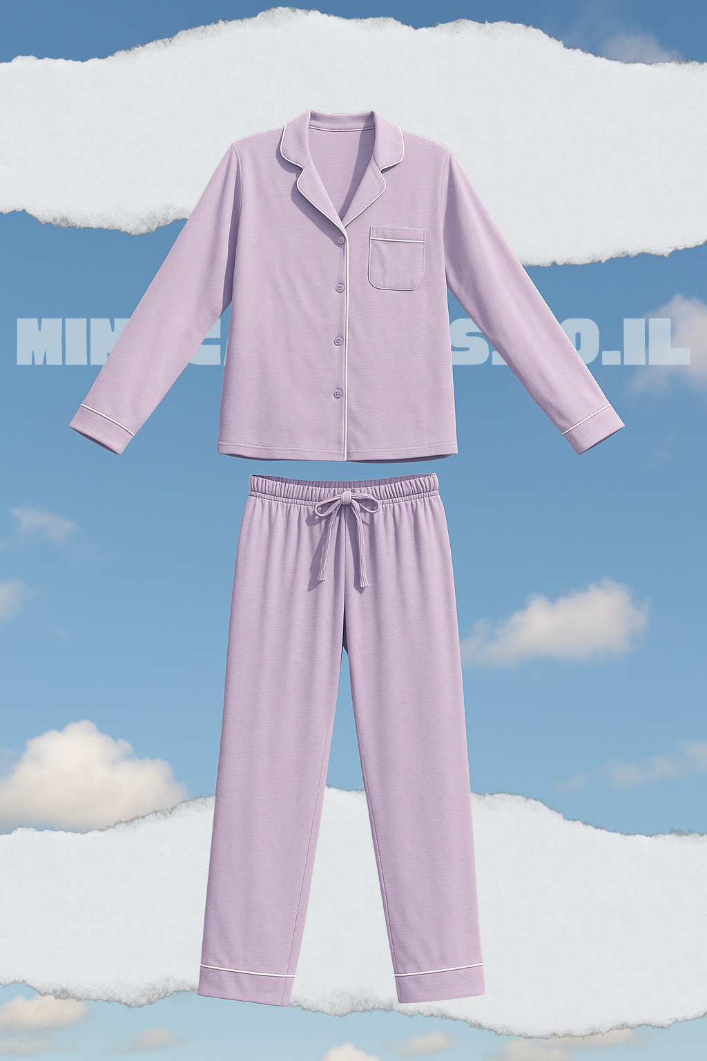 Light purple pajama set against a blue sky with clouds