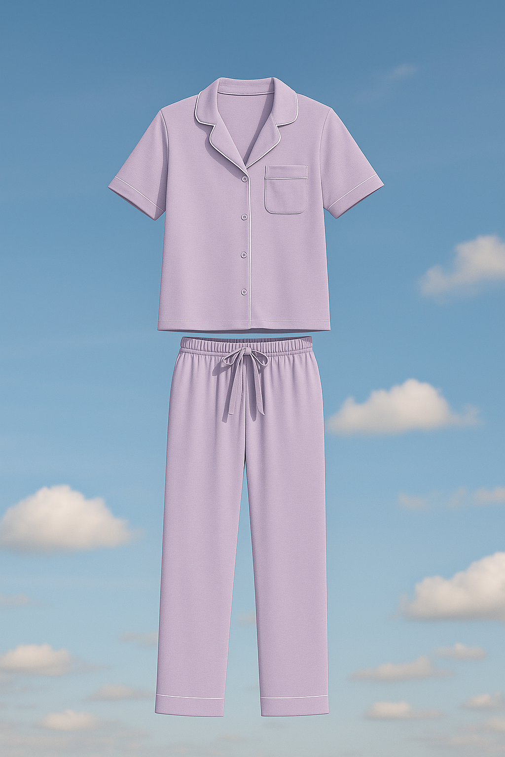 Light purple pajama set against a blue sky with clouds background