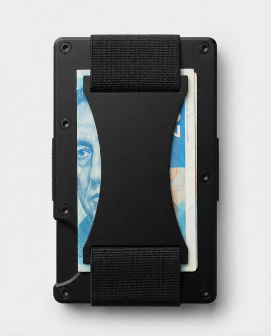 Black wallet with card slots on a light gray background