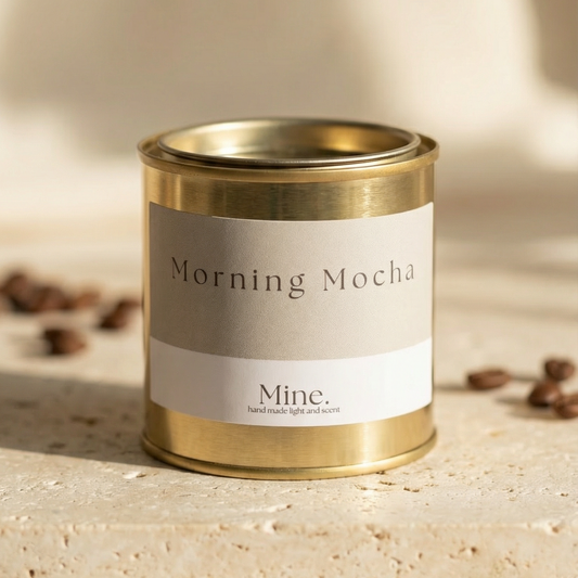 Candle in a tin labeled 'Morning Mocha' with coffee beans on a light wooden surface.